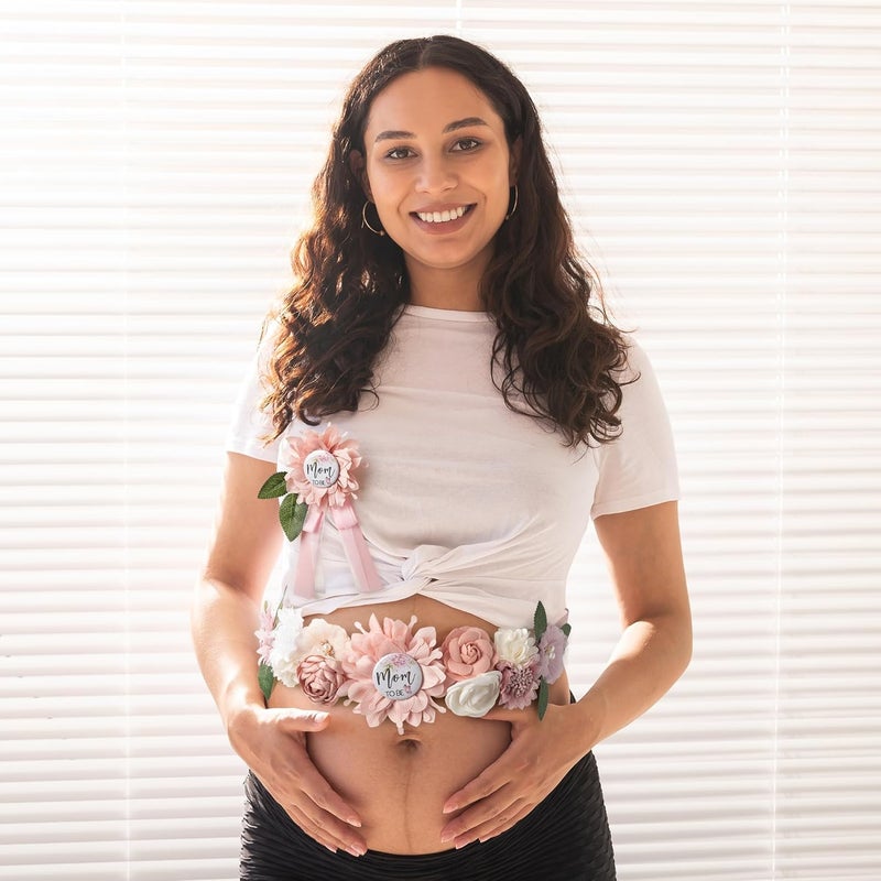 WeddingSteps Baby Shower Maternity Sash Belly Belt-Pink Flower Sash Set Mom to Be & Dad to Be Corsage Pins for Gender Reveal - Image 5